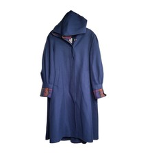 Vintage Avoca Collection Irish Wool Long Maxi Coat Hooded Plaid Lined Blue M - L