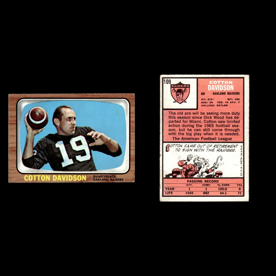 Cotton Davidson #109 1966 Topps Oakland Raiders Football Card NFL EX - Image 3 of 3