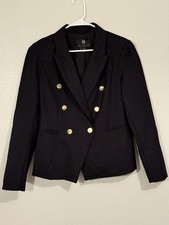 House of Harlow 1960 Double Breasted Blazer Womens L Black Gold Button Jacket