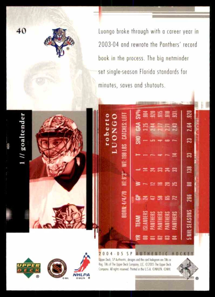 2004-05 SP AUTHENTIC ROBERTO LUONGO FLORIDA PANTHERS #40 - Image 2 of 2