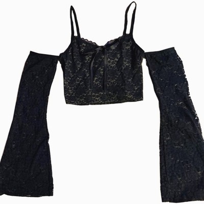 THORN & fable Black Floral Lace Sheer Crop Top Lace Sleeves Spaghetti Straps M
