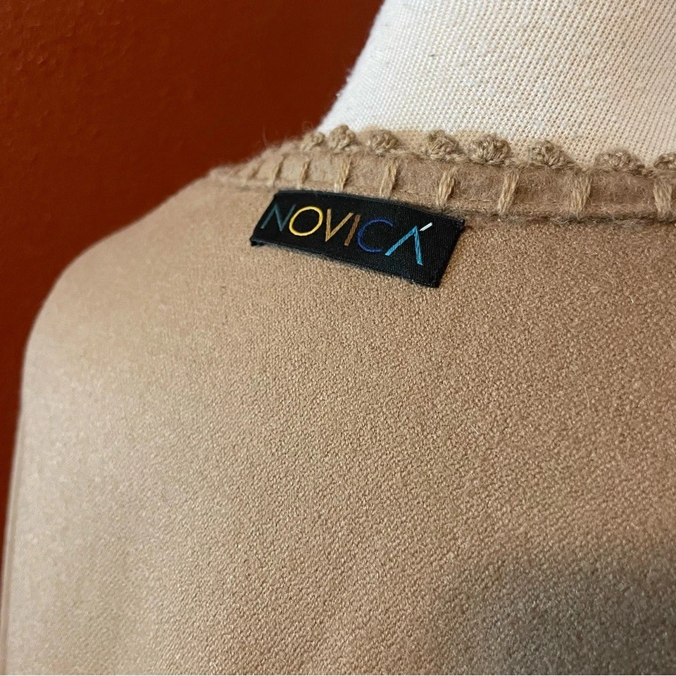 Novica Women's Baby Alpaca Wool Tan Handmade Peruvian Artisan Shawl Cape Poncho - Image 2 of 4