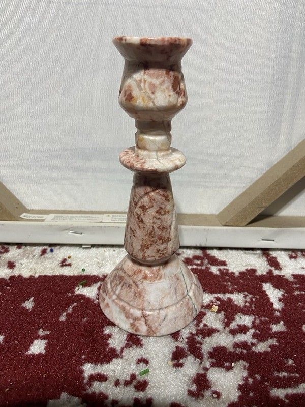 Carved Blush Pink Stone Taper Candle Hilder Marbled Decor 6 inches