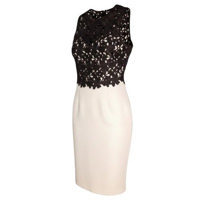 Joanna Chen Womens Black Lace & White Pleated Sleeveless Sheath Dress Size M