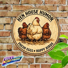 Fluffy Butt Hut Chicken 8x8 Inch Round Aluminum Metal Tin Sign Wall Decor