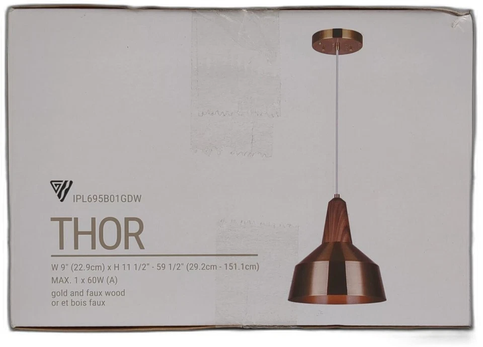 Colgante Thor 1 Luz, Oro E Imitación Madera, Cordón Tela Blanca Ajustable, 60w E26 Foto 2 de 4