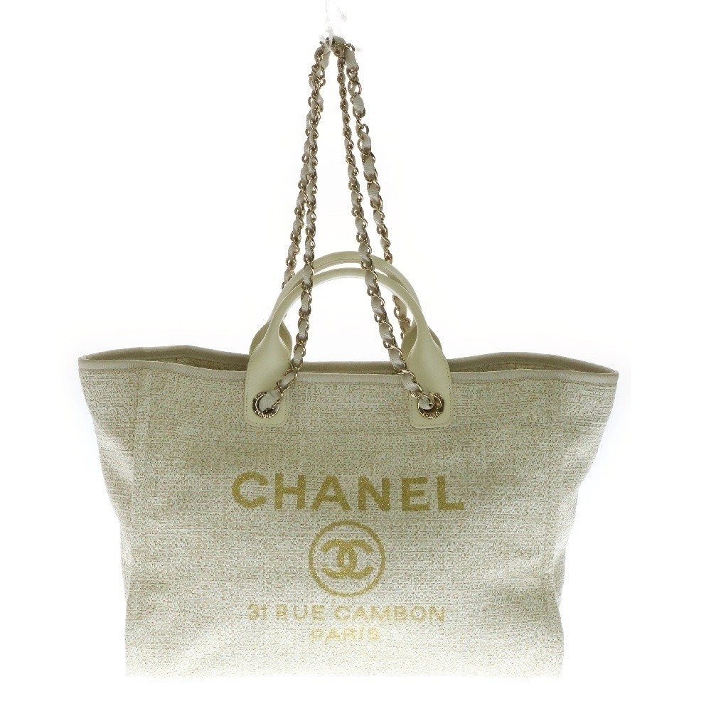 CHANEL Deauville GM White Gold Canvas Tote with Chain Shoulder Strap