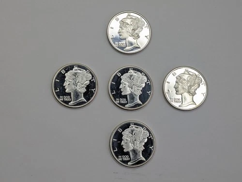 Lot of 5x 1 Troy Ounce .999 Fine Silver - Winged Liberty Mercury Dime Design