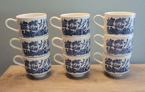 Churchill Blue Willow Tea Cups Coffee Mugs Made in England Set of 9 Vintage