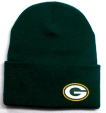 Green Bay Packers flat applique logo on Dark Green beanie  cap hat. See details