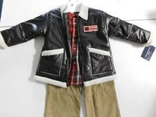 Boys Size 4, 3-piece Set Brown Aviator Jacket, Red Flannel Shirt, Kahki Panats