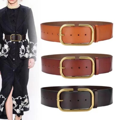 Real Leather Wide Waist Belt Gold Pin Buckle Waistband Dress Coats Waistband