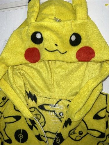 Pokemon Pikachu Jumpsuit Pajamas One Piece Fleece Full Zip Hooded Boys Lg 12-14 - Picture 4 of 8