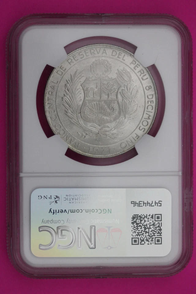Pop 6 Only 1 Finer 1971 MS 67 Peru 50 Soles Silver Coin NGC Certified Graded 217 - Image 2 of 3