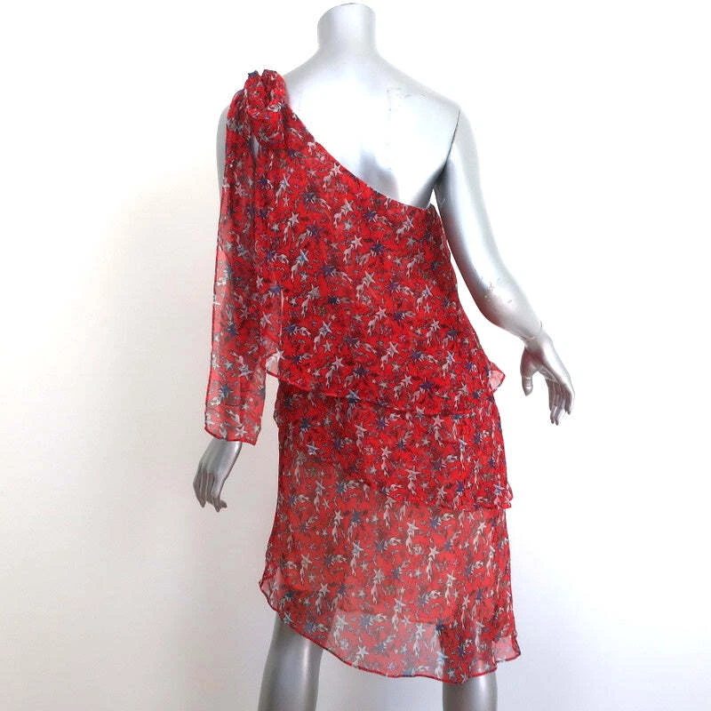 Vestido Just Cavalli Un Hombro en Niveles Rojo Estampado de Estrellas Gasa Talla 42 Foto 4 de 4