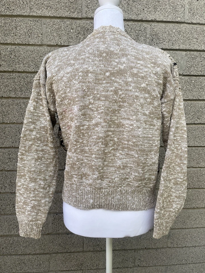 Cárdigan de Colección Granny Cuadrado Crochet Abotonado Beige Negro Blanco Lino Algodón S P Foto 2 de 4