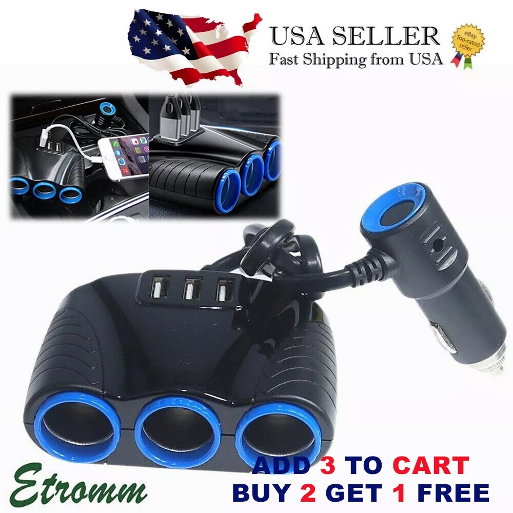 12V Car Cigarette Lighter Socket Splitter Outlet Power Adapter 3 USB Charger US