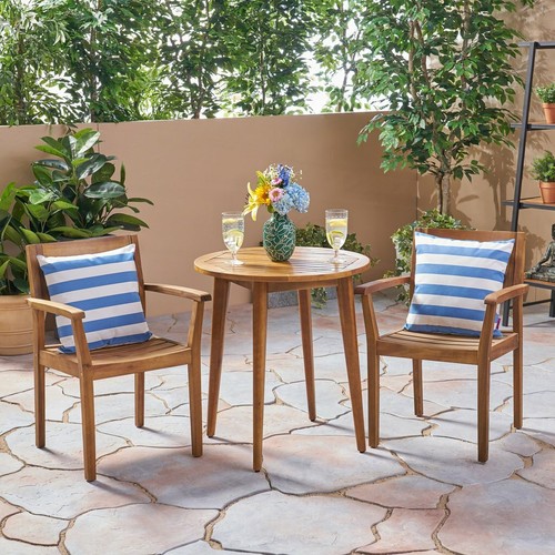 Brown Acacia Wood Frame 3 Piece Bistro Set Home Outdoor Furniture Garden Porch - Picture 2 of 8