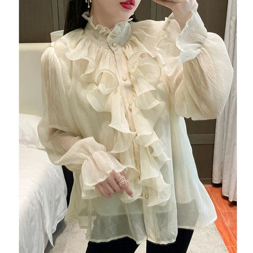 Blusa De Encaje Elegante Con Volantes Para Mujer Camisa De Gasa Con Cuello Alto- - Imagen 10 de 19
