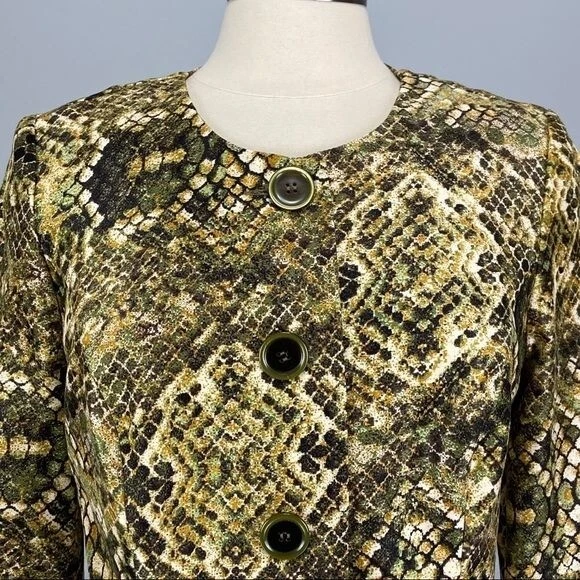 Dana Kay Mujer Falda Blazer 2 Piezas Traje Verde Oliva Estampado Serpiente Talla 10 Foto 3 de 4
