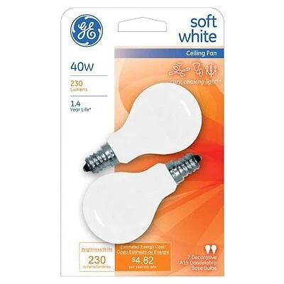 Ceiling Fan Light Bulbs White Candelabra Base 40 Watts 2 Pk. 71394