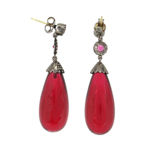 Tourmaline & Diamond Dangling Earring Solid Yellow Gold & Silver Women's Jewelry - Picture 3 of 4