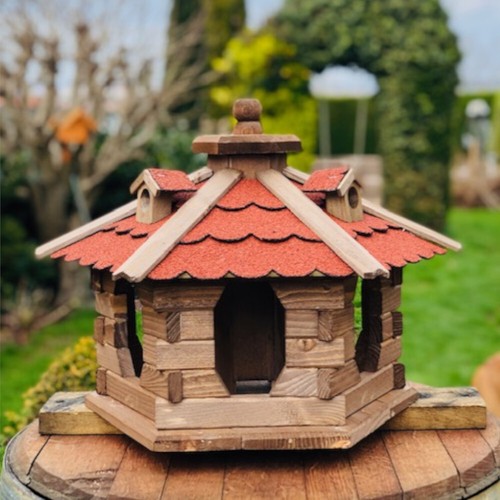DARLUX Vogel Futter Haus L Futterstelle Sechseck Holz Vogelhaus Braun/Rot - Bild 2 von 5