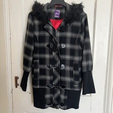 Hooch Faux Fur Hooded Plaid Long Coat S Black Grey Red Warm Thick Comfy Silky