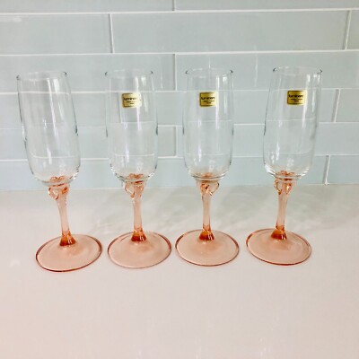 CRISTAL D'ARQUES ROSE STEM CLEAR BOWL CHAMPAGNE GLASSES- FRANCE 7-5/8'' H - 4 PCS