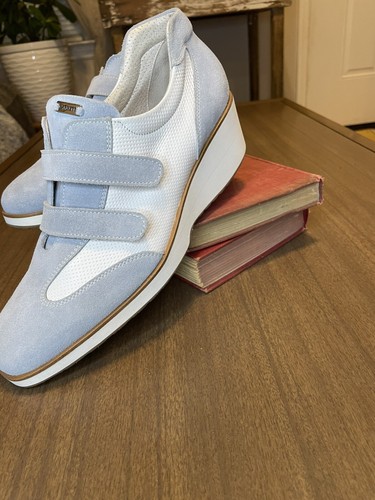 Mocasines Beltrami de cuero con gancho y bucle para mujer 7,5-38,5 Italia azul blanco dinero nuevos - Imagen 4 de 12