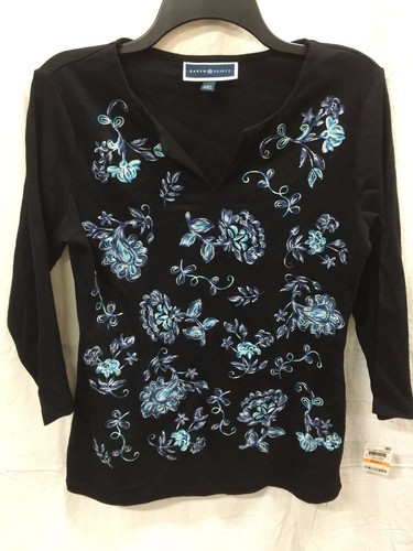 Karen Scott 3/4 Artsy Embroidered Top Black S