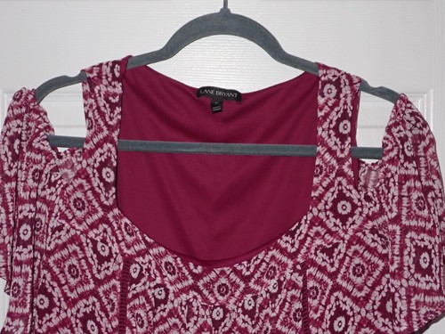 Lane Bryant Size 20 Cold Shoulder Blouse Short Sleeve Plum Purple Batik Lined - Picture 2 of 8