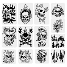 BENECREAT 13PCS Skull Pattern Drawing Stencils, Flame Halloween-Skull