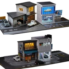 1/64 Diorama Diecast Car Garage Model LED Street Japanese Store Building Display