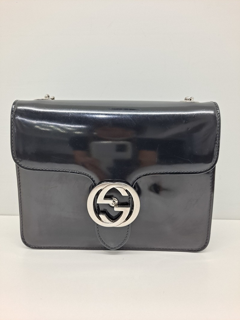 Gucci Black Enamel Interlocking G Flap Small Shoulder Bag