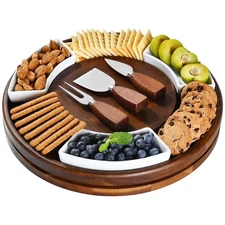Acacia Wood Lazy Susan Cheese Board Set – Rotating Charcuterie Platter, Elega...
