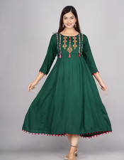 Indian Women green rayon Kurta Kurti comfortable Embroidery Anarkali ALine dress