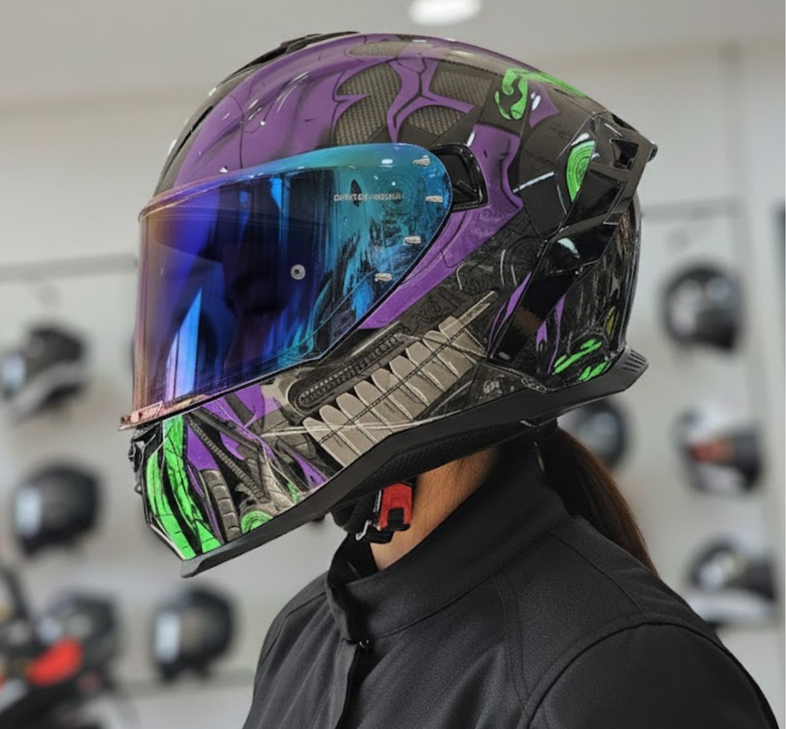 Casco CGM 363R SHOT Villain Integrale Nero Viola Verde Fluo + visiera iridium
