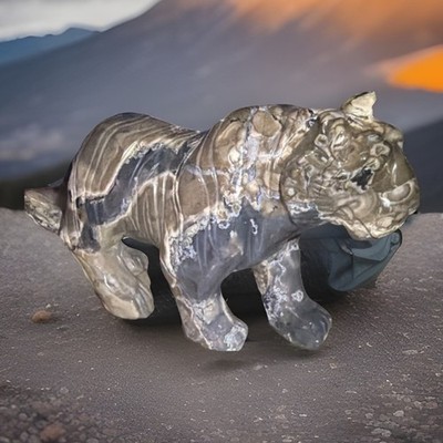 Volcano, agate Stone Tiger Figurine Sculpture, Gray Green Polished,UV friendly 