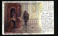 Künstler-AK E. Döcker: Frau kniend im Beichtstuhl 1900 