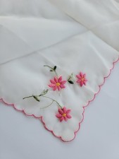 Vintage Ladies Hankie Embroidered Pink Floral Nylon