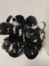 UGG Oh Yeah Spots Slide Slipper Black White Fluffy Faux Fur Sz 8 NWT