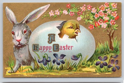 Antique Postcard Easter Bunny Chick Hatching Egg Flowers Springtime Holiday