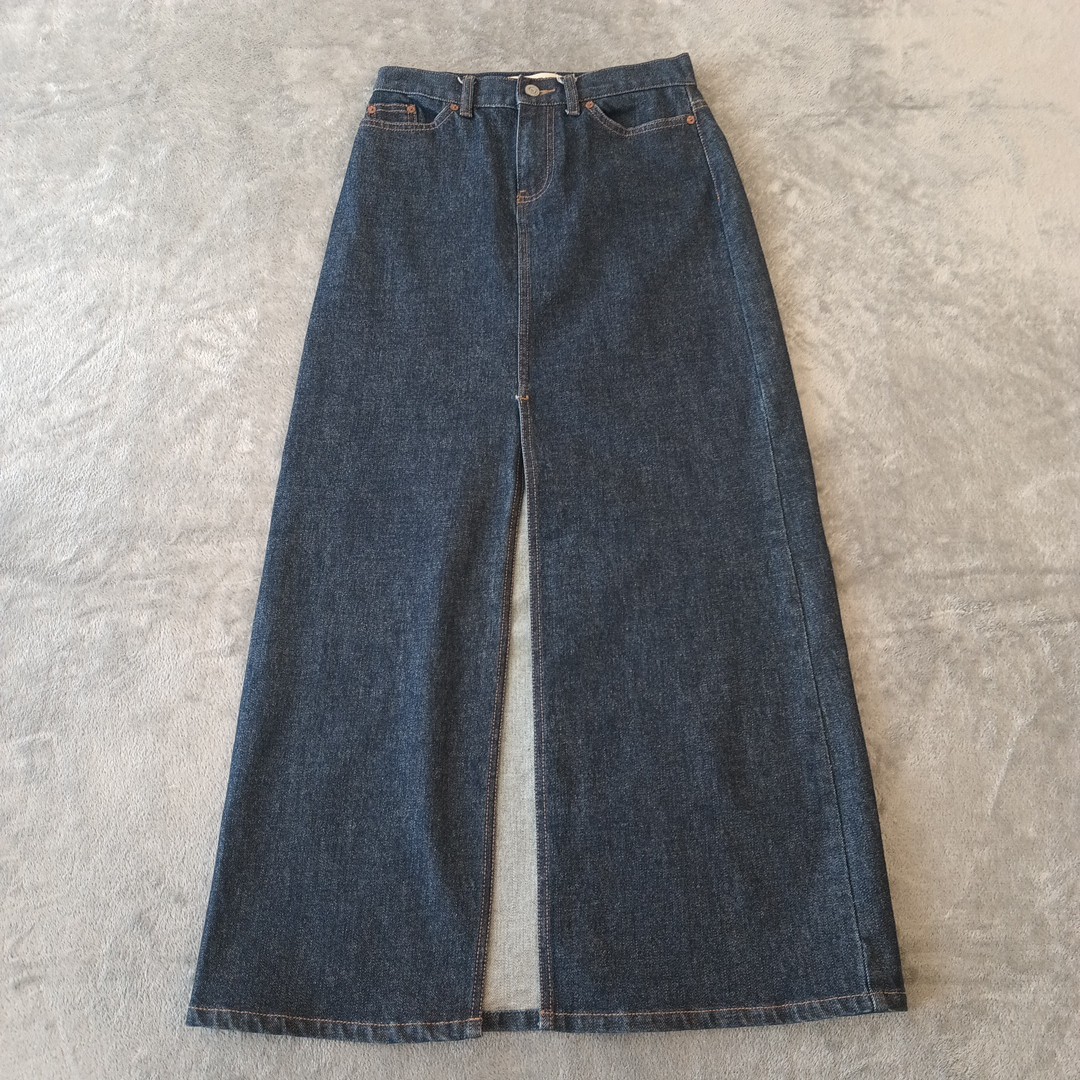 Skirt Size 0 Blue Denim Long Front Slit Pockets Stretch Dark