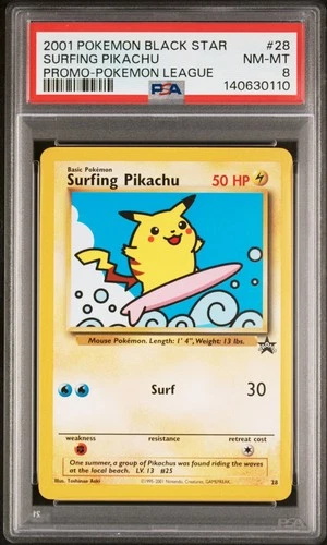 2001 POKEMON PROMO BLACK STAR POKEMON LEAGUE #28 SURFING PIKACHU PSA 8