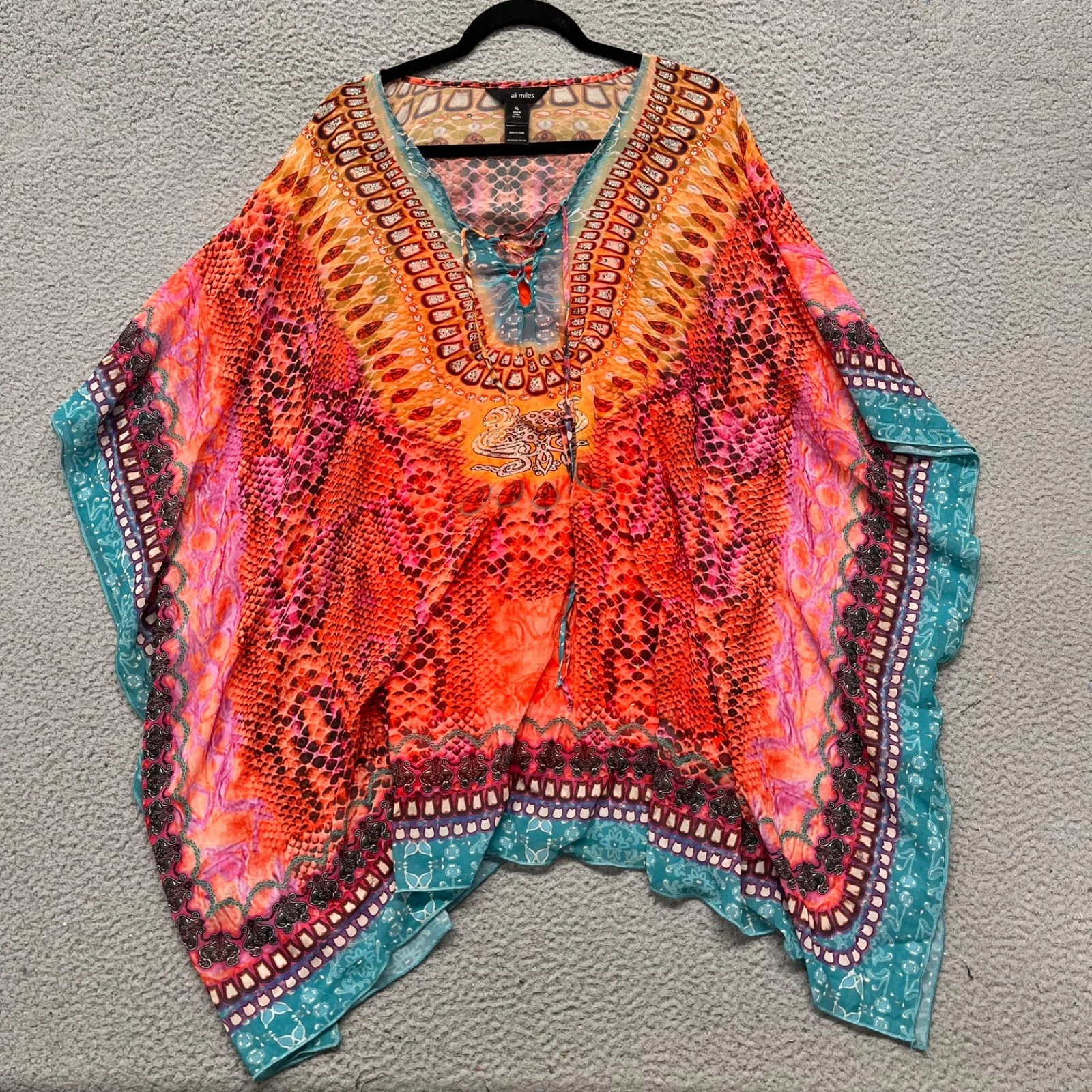 Ali Miles Top Womens XL Colorful Chiffon Poncho Tropical Art To Wear Sheer