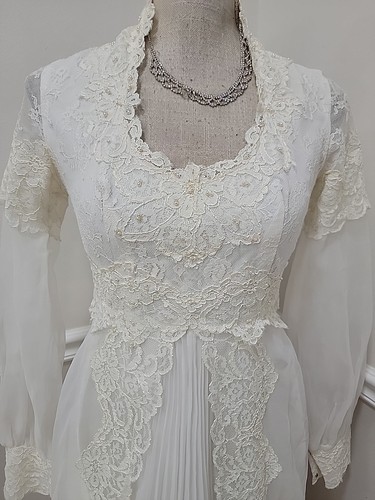 Abito da sposa/manica lunga vintage anni 70 bohemien bianco organza/pizzo - Foto 8 di 15