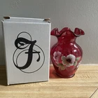 Fenton Cranberry Vase Hand Painted Signed Ruffled Handkerchief Rim 5” In Height