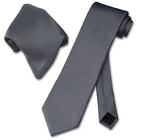 Men's Solid CHARCOAL GREY Color Necktie Handkerchief Neck Tie Set Gray