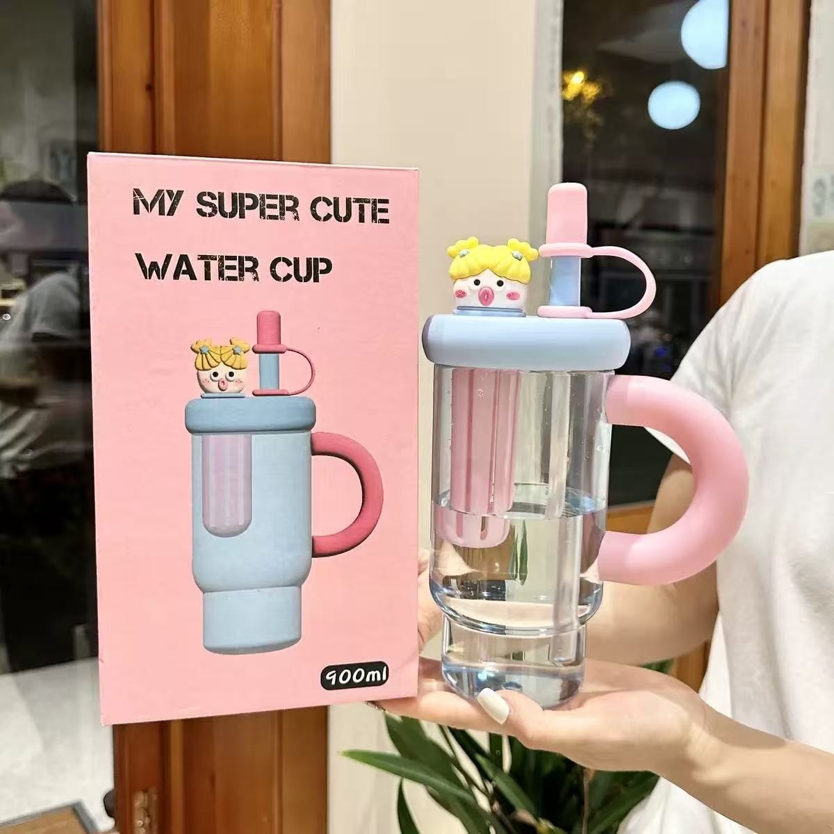 900ML CUTE tumbler with Lid and Handle & Straw, Leak-Proof P